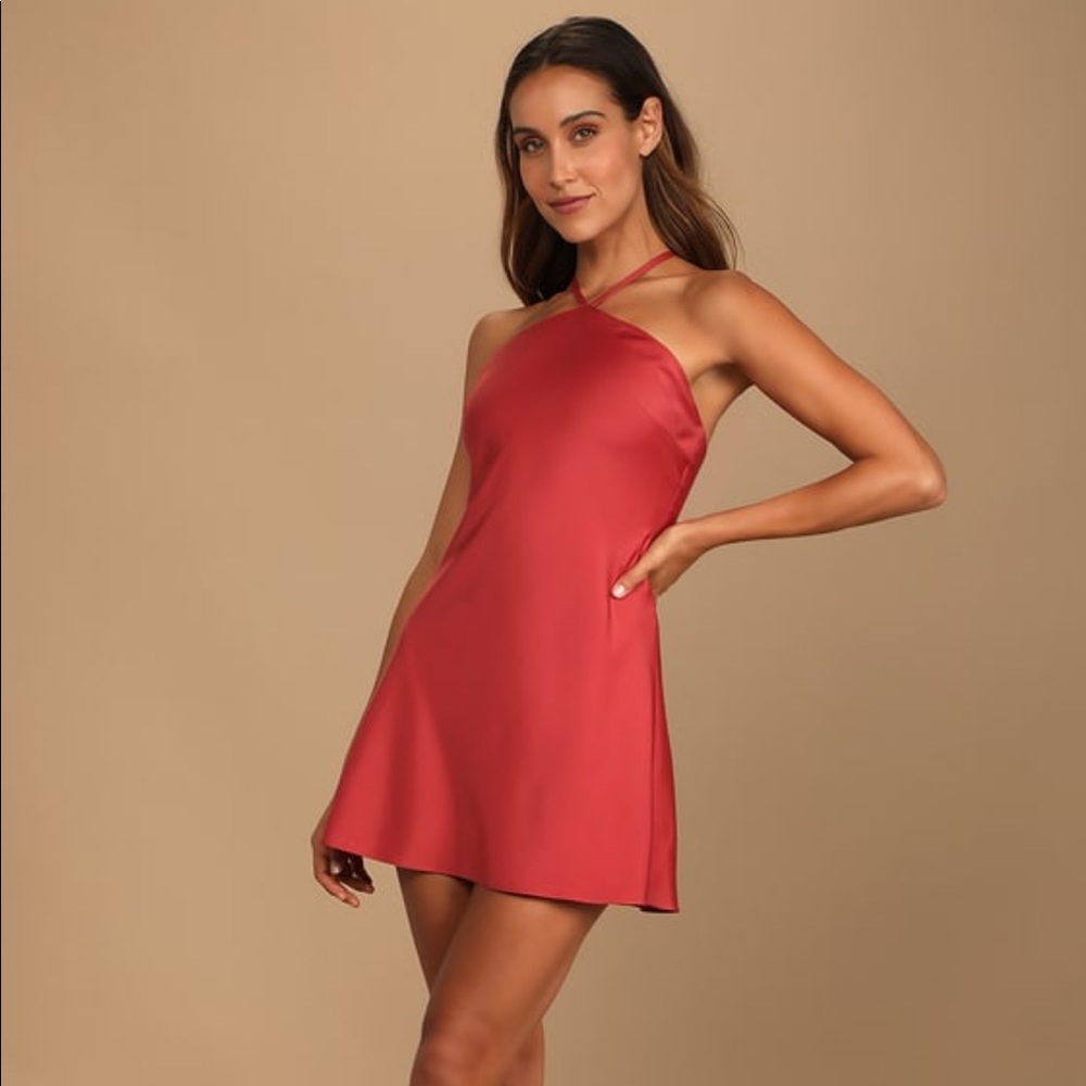 Lulu’s Rooftop Party Dusty Red Satin Halter Mini Dress